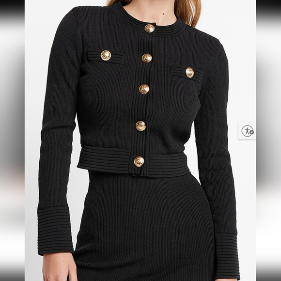 Express Gold Novelty Button Ribbed Long Sleeve Cardigan Size L Office Retro Glam - Picture 1 of 16